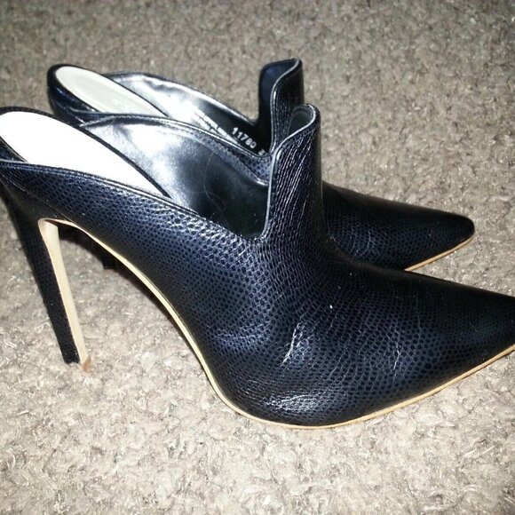 AGAIN&AGAIN-Stiletto Mules-Black Leather-Snakeskin Pattern-Sz 37-6.5US-NEAR MINT - Picture 4 of 7